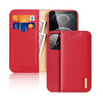 Dux Ducis Hivo Echtleder Flip Wallet mit Kartenfach für Apple iPhone 13 Pro, Rot