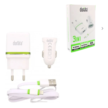 Durata 3in1 Netz-Adapter inkl. Lightning Daten/-Ladekabel + USB KFZ-Ladeadapter