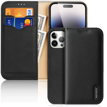 Dux Ducis Hivo RFID-Schutz Natur-Leder Flip-Wallet für iPhone 15 Pro Max, schwarz
