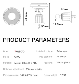 YESIDO C190 Wireless Fast charging Magsafe Halterung mit Lüftungsclip für iPhone 12 - 17 Serie