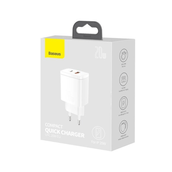 Baseus Compact Fast USB-A + USB-C Ladegerät 20W 3A Power Delivery Quick Charge 3.0 weiss Baseus Compact Fast USB-A + USB-C Ladegerät 20W 3A Power Delivery Quick Charge 3.0 weiss
