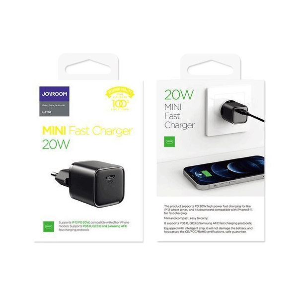 Joyroom Smart Design Schnellladegerät USB-C 20W Power Delivery Quick Charge 3.0 AFC schwarz (L-P202) Joyroom Smart Design Schnellladegerät USB-C 20W Power Delivery Quick Charge 3.0 AFC schwarz (L-P202)