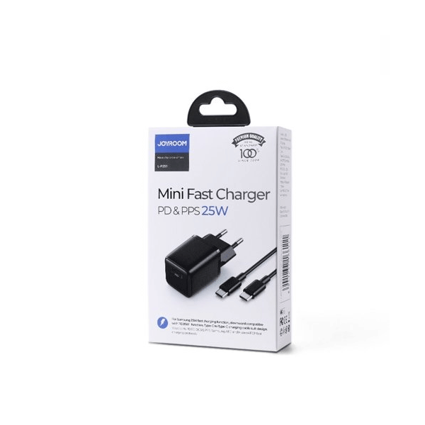 Joyroom mini Schnellladegerät USB-C PD 25W Netz-Adapter inkl, USB Typ-C zu Typ-C Ladekabel, schwarz Joyroom mini Schnellladegerät USB-C PD 25W Netz-Adapter inkl, USB Typ-C zu Typ-C Ladekabel, schwarz