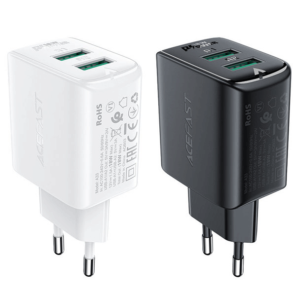 Acefast Ladegerät 2 x USB-A 18W QC 3.0, AFC, FCP schwarz (A33) Acefast Ladegerät 2 x USB-A 18W QC 3.0, AFC, FCP schwarz (A33)