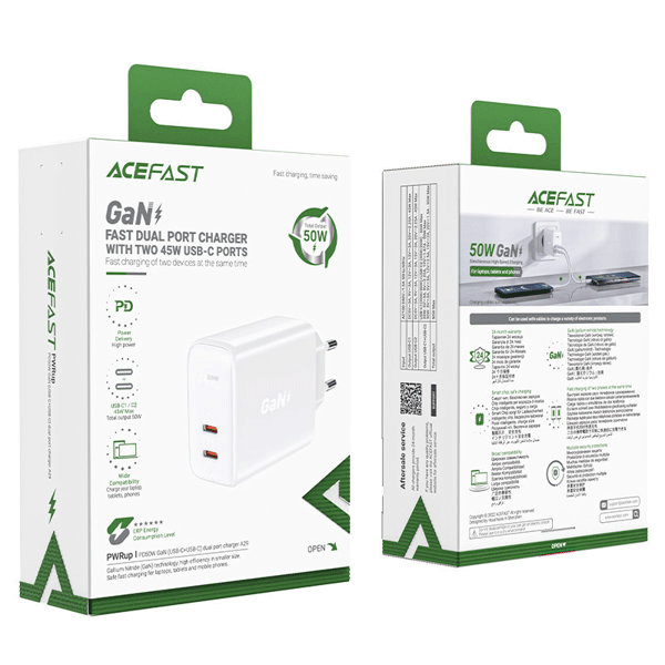 Acefast A29 PD50W GaN (USB-C + USB-C) Dual-Port-Ladegerät weiss Acefast A29 PD50W GaN (USB-C + USB-C) Dual-Port-Ladegerät weiss
