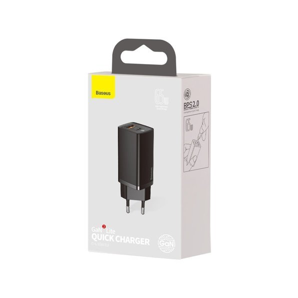Baseus GaN2 Lite Fast 65W USB / USB Type-C Quick Charge 3.0 Power Delivery (Galliumnitrid), schwarz Baseus GaN2 Lite Fast 65W USB / USB Type-C Quick Charge 3.0 Power Delivery (Galliumnitrid), schwarz