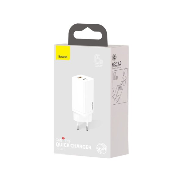 Baseus GaN2 Lite Fast 65W USB / USB Type-C Quick Charge 3.0 Power Delivery (Galliumnitrid), weiss Baseus GaN2 Lite Fast 65W USB / USB Type-C Quick Charge 3.0 Power Delivery (Galliumnitrid), weiss