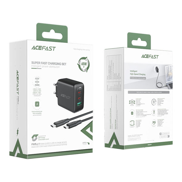 Acefast 2in1 Ladegerät 2 x USB Type-C / USB 65W, PD, QC 3.0, AFC, FCP (inkl. Kabel) schwarz Acefast 2in1 Ladegerät 2 x USB Type-C / USB 65W, PD, QC 3.0, AFC, FCP (inkl. Kabel) schwarz