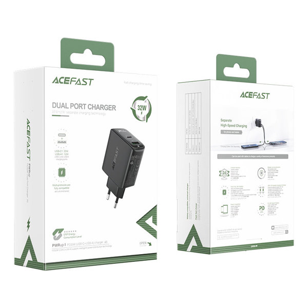 Acefast Netz-Ladegerät USB Typ C / USB 32W, PPS, PD, QC 3.0, AFC, FCP schwarz (A5 schwarz) Acefast Netz-Ladegerät USB Typ C / USB 32W, PPS, PD, QC 3.0, AFC, FCP schwarz (A5 schwarz)