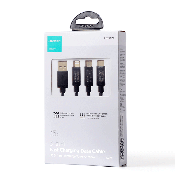 Joyroom 3in1 USB Ladekabel - USB Type C / Lightning / Micro USB - 3.5 A schwarz 1.2m (S-1T3015A5) Joyroom 3in1 USB Ladekabel - USB Type C / Lightning / Micro USB - 3.5 A schwarz 1.2m (S-1T3015A5)