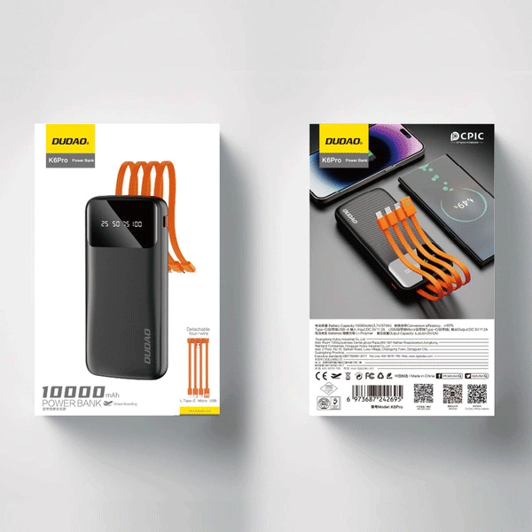 Dudao K6Pro Universal 10000mAh Powerbank mit USB-Kabel, USB Typ C, Lightning, schwarz (K6Pro-black) Dudao K6Pro Universal 10000mAh Powerbank mit USB-Kabel, USB Typ C, Lightning, schwarz (K6Pro-black)