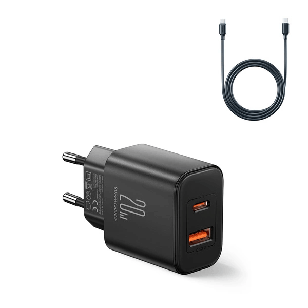 Joyroom JR-TCF05 20W USB-A + USB-C Dual Ladegerät + USB-C zu USB-C Kabel, schwarz (JR-TCF05) Joyroom JR-TCF05 20W USB-A + USB-C Dual Ladegerät + USB-C zu USB-C Kabel, schwarz (JR-TCF05)