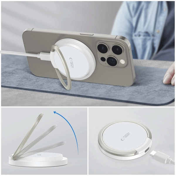 Tech-Protect QI15W-A33 induktives Ladegerät mit MagSafe und Ständer mit USB-A/USB-C-Kabel, weiß