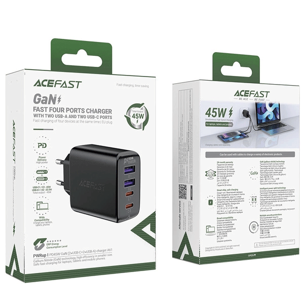 Acefast A61 PD 45W GaN-Ladegerät 2 x USB-C + 2 x USB-A mit 4 Anschlüssen, schwarz Acefast A61 PD 45W GaN-Ladegerät 2 x USB-C + 2 x USB-A mit 4 Anschlüssen, schwarz