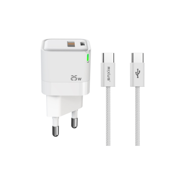 Rixus RXHC11 Mini Schnellladegerät 25W USB-C/USB-A inkl. USB-C zu USB-C Ladekabel (100CM) Rixus RXHC11 Mini Schnellladegerät 25W USB-C/USB-A inkl. USB-C zu USB-C Ladekabel (100CM)