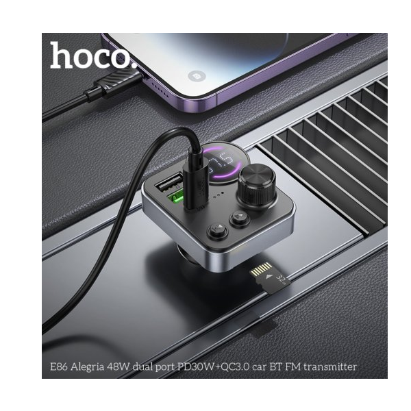 Hoco E86 Bluetooth FM transmitter inkl. Dual USB-C PD 30W QC3 + USB-A + USB-Stick Anscluss ( MP3 / WMA / WAV / FLAC), schwarz
