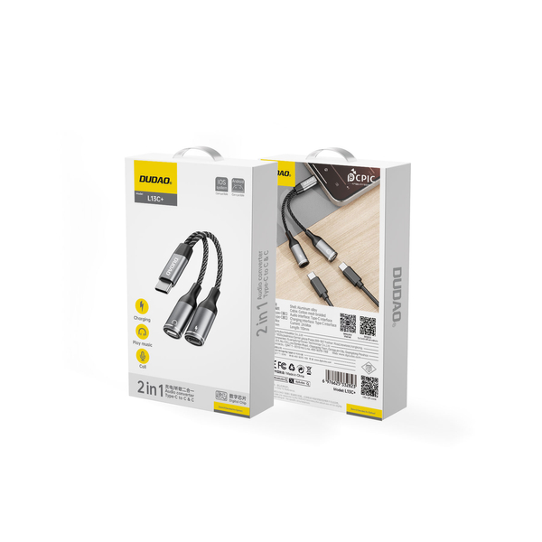 Dudao L13C+ 2in1 USB-C Splitter-Adapter, grau Dudao L13C+ 2in1 USB-C Splitter-Adapter, grau