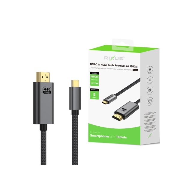 Rixus RXHU15 USB-C zu HDMI Kabel Premium 4K 1.8m, grau