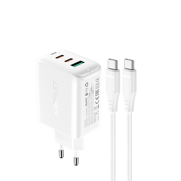 Acefast 2in1 Ladegerät 2 x USB Type-C / USB 65W, PD, QC 3.0, AFC, FCP (inkl. Kabel) weiss